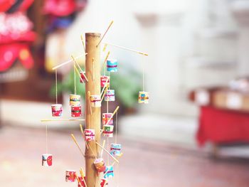 Close-up of clothespins on clothesline