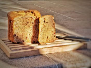 High angle view of bread on cutting board