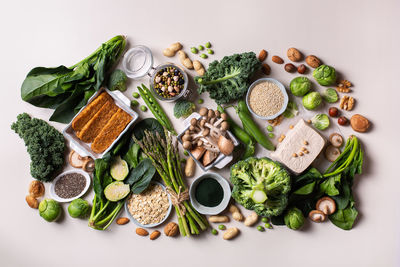 Variety of healthy vegan, plant based protein source and body building food. view from above