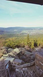 High angle view of land against sky