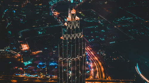 High angle view of illuminated buildings at night