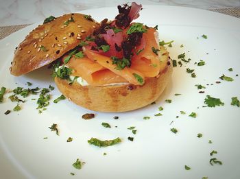 Close-up of salmon bagel