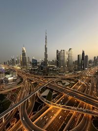 High angle view of cityscape against clear sky