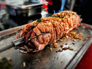 Close-up of meat on barbecue grill