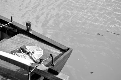 High angle view of boat moored in water