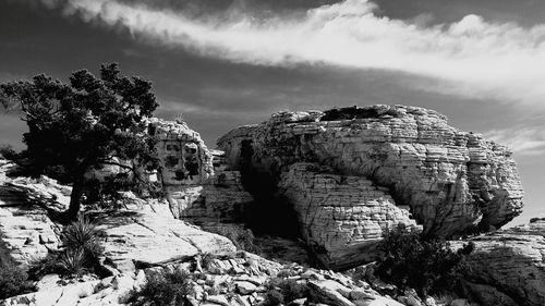 Rock formation amidst trees against sky