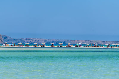 Group of people on beach against clear blue sky