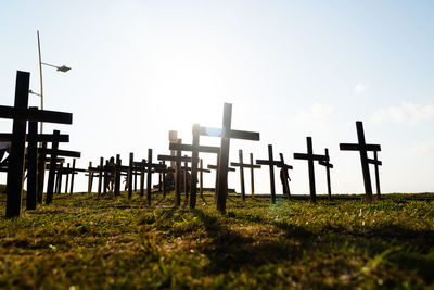 Crosses fixed to the ground in honor of those killed by covid-19. salvador, bahia, brazil.