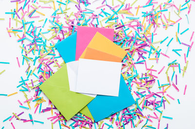 High angle view of multi colored art on paper