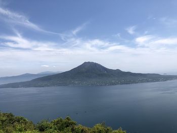 Scenic view of lake and mountains against sky