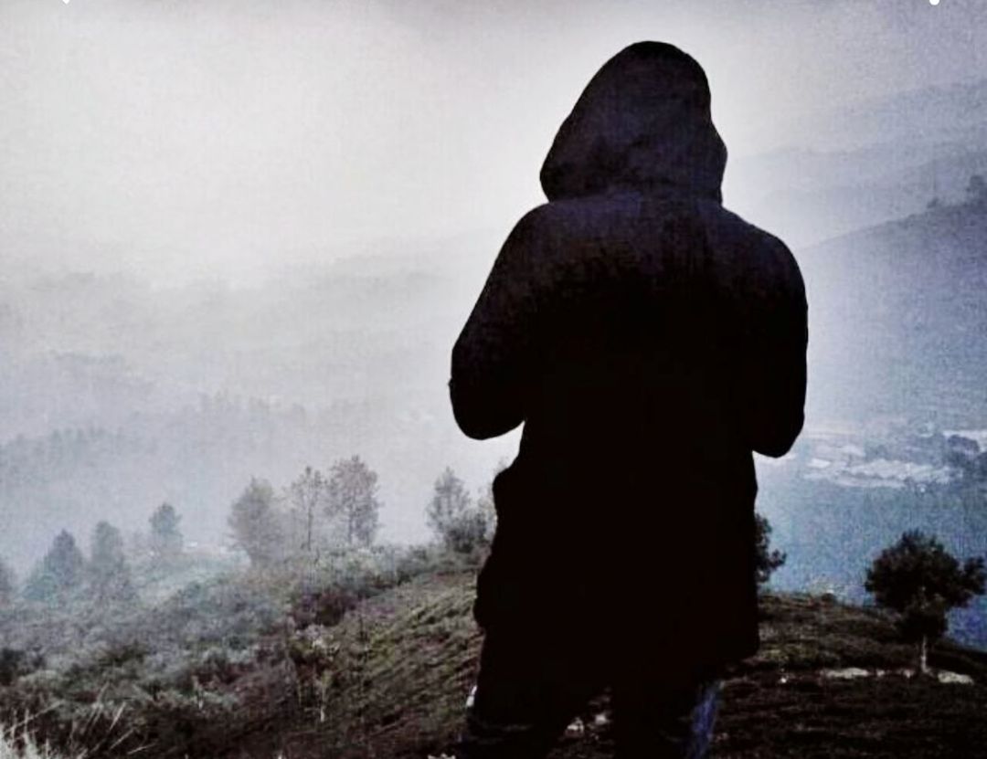 silhouette, one person, fog, nature, sky, tree, adult, standing, rear view, men, outdoors, environment, person, cloud, land, waist up, landscape, plant, day, leisure activity, three quarter length, darkness