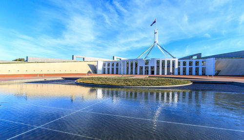 View of modern building against cloudy sky