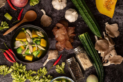 High angle view of mushrooms on table