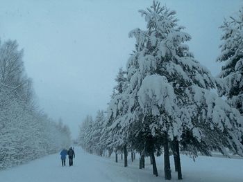 People walking on snow covered land against sky