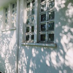 Reflection of building on glass window