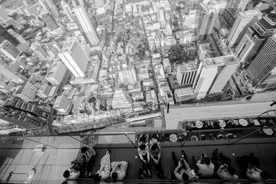 High angle view of people outside building