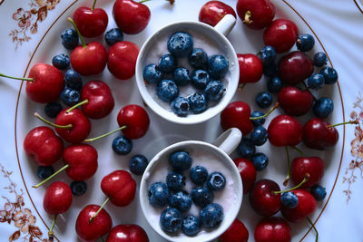 High angle view of strawberries in bowl