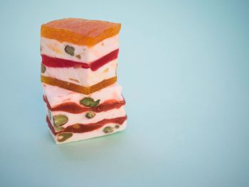 Close-up of cake against white background