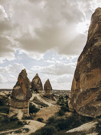 Rock formations on landscape against cloudy sky