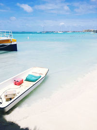 Boat moored on sea against sky