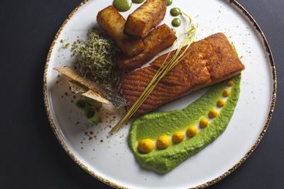 High angle view of breakfast served on table