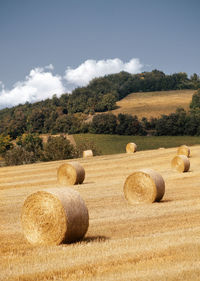 Hay bales on field against sky