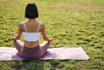 Rear view of woman sitting on grassy field