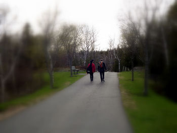 Rear view of people walking on road against sky