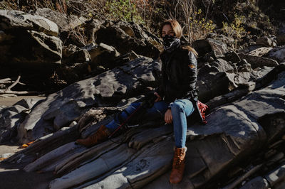 High angle view of man on rock