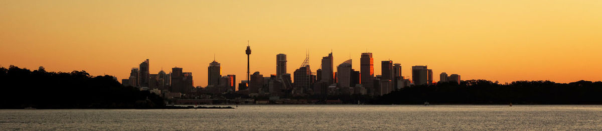 City skyline at sunset