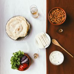 High angle view of breakfast served on table