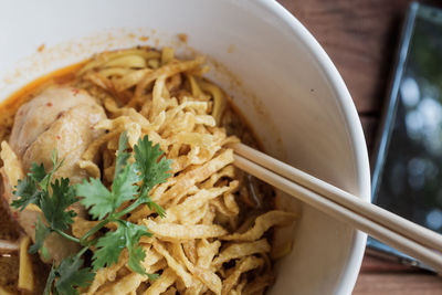 High angle view of noodles in bowl on table