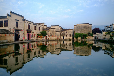 Reflection of buildings in lake