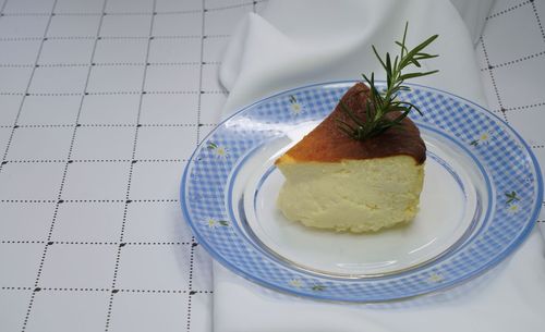 High angle view of cake in plate on table