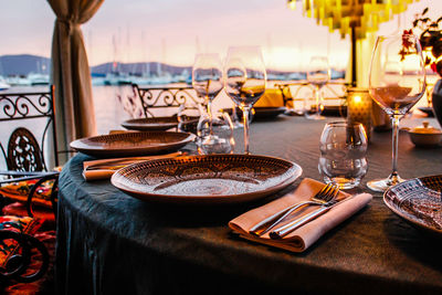 View of wine glasses on table at restaurant