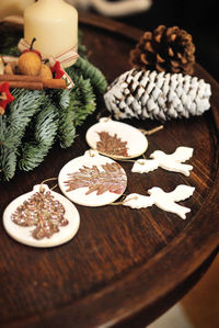 Close-up of christmas decorations on table