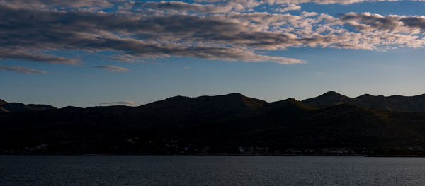 Scenic view of mountains against sky during sunset