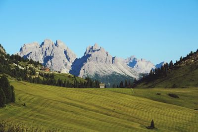 Scenic view of grassy landscape by mountains against clear sky