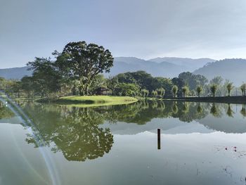 Scenic view of lake by trees against sky