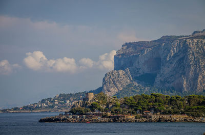 Scenic view of sea by mountain against sky