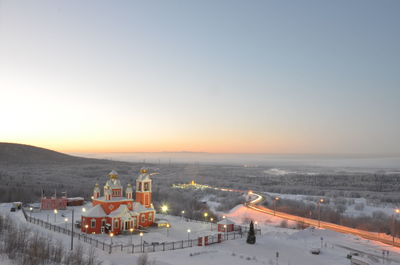 High angle view of landscape against sky during winter