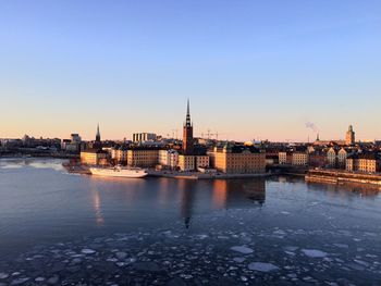 Buildings in stockholm on waterfront at sunset