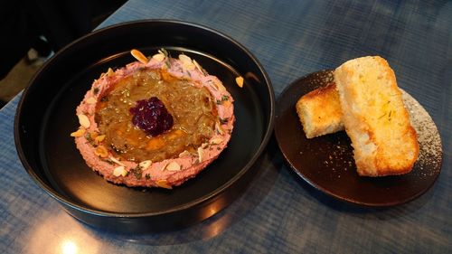 High angle view of food in plate on table