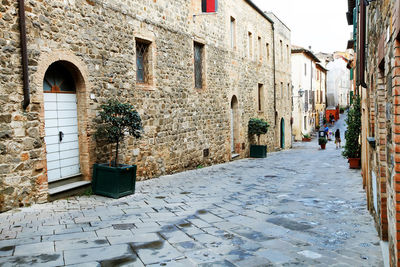 Cobbled street amidst houses against sky