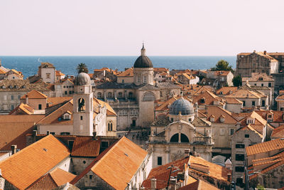 High angle view of townscape against clear sky