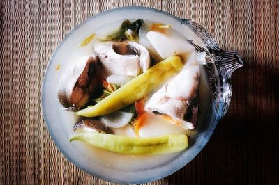 High angle view of food in plate on table