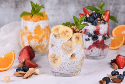 Chia pudding is made with greek yogurt and pieces of fruit and honey. vegan-adaptable. gluten-free