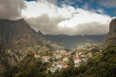 Aerial view of townscape and mountains against sky