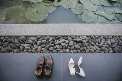 High angle view of stones on pebbles