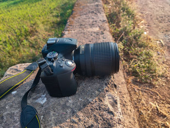 High angle view of camera on field